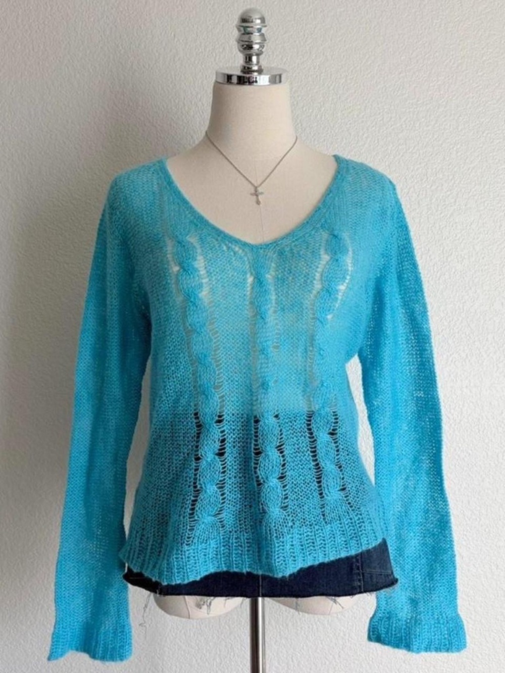 Women's Blue Mesh Knit Mohair Sweater